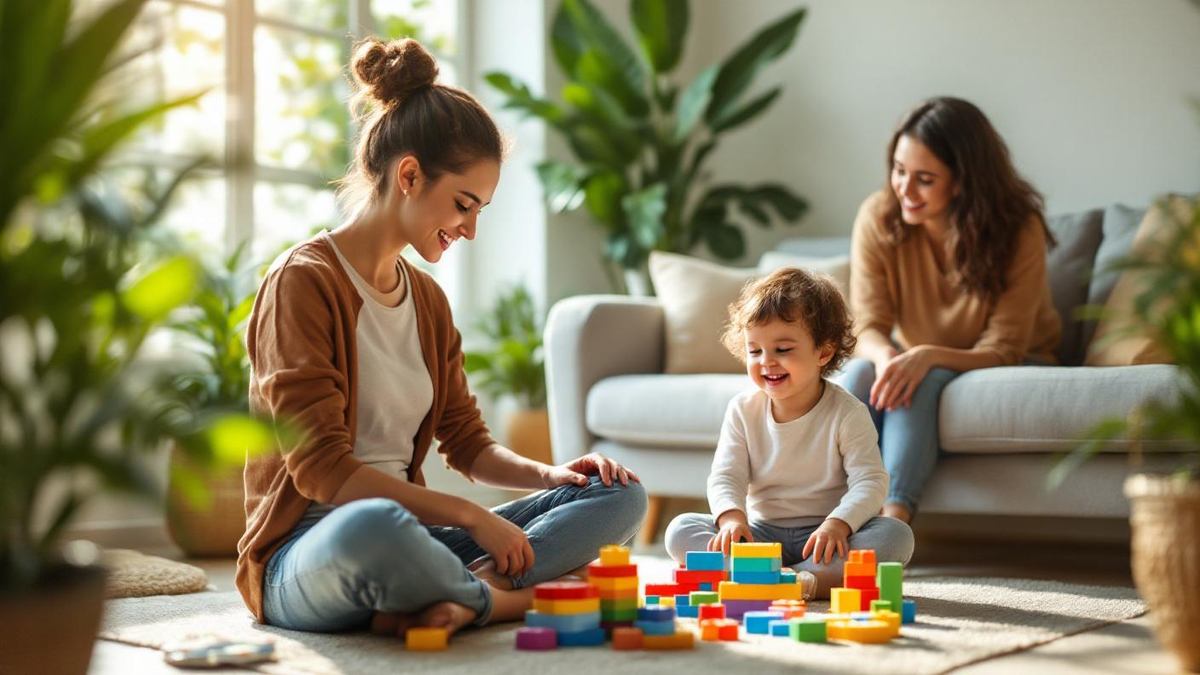 Babá brasileira brincando com criança pequena no chão da sala enquanto a mãe observa ao fundo com expressão tranquila