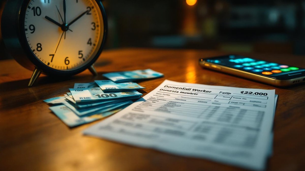 Mesa de cozinha brasileira à noite com contracheque, notas de R$ 100 e calculadora no celular, relógio marcando 22h ao fundo