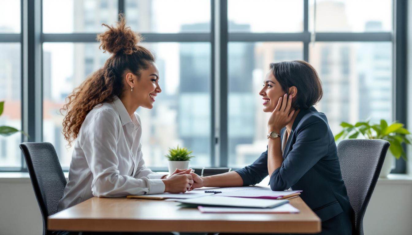 Consultora de agência de babás entrevistando candidata em escritório em São Paulo, com pastas de documentos e laptop na mesa