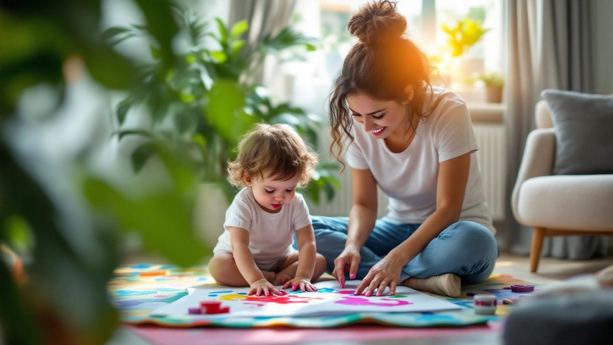 Babá brasileira sentada no chão da sala com criança pequena fazendo atividade de pintura com as mãos em papel grande colorido