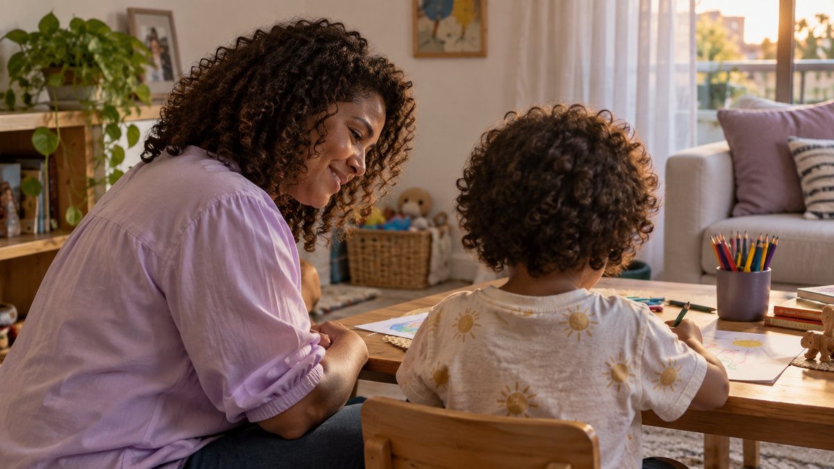 Mulher adulta acompanha uma criança, vista de costas, desenhando com lápis de cor à mesa de uma casa