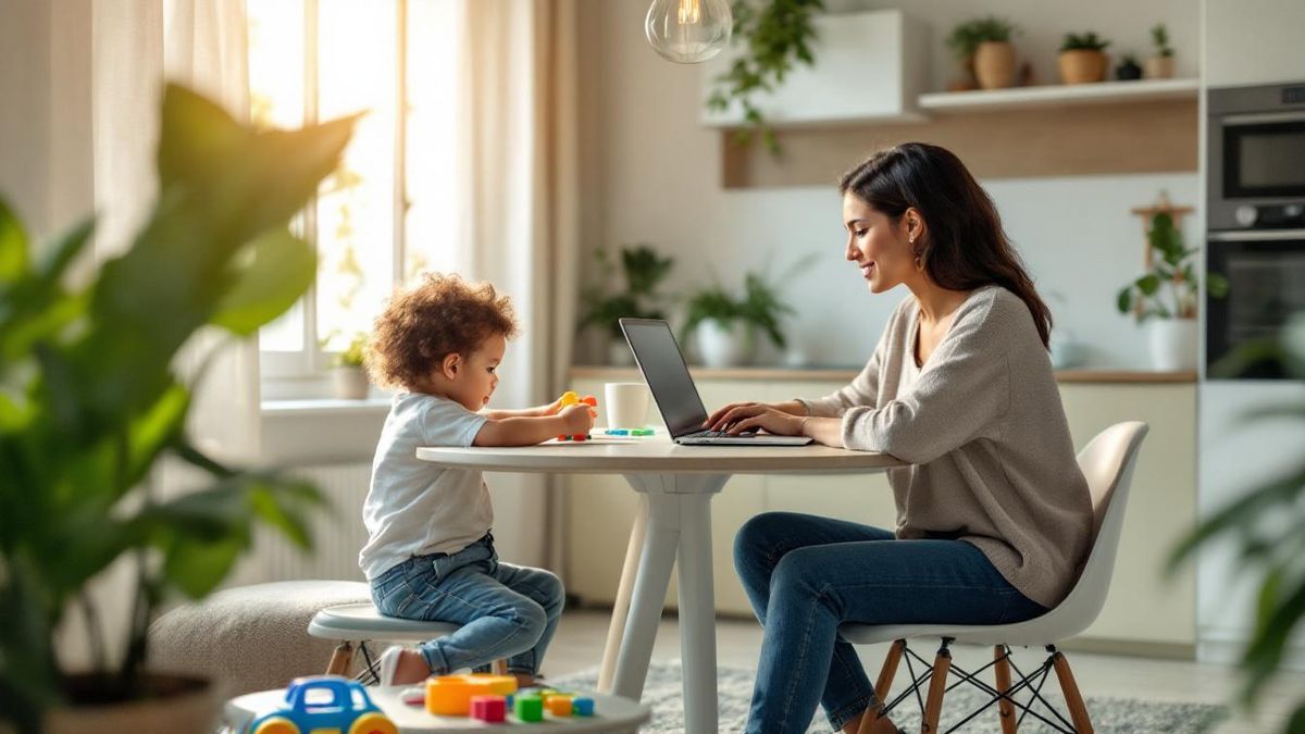 Mãe brasileira sentada à mesa com laptop aberto comparando duas plataformas de babá enquanto criança brinca ao fundo