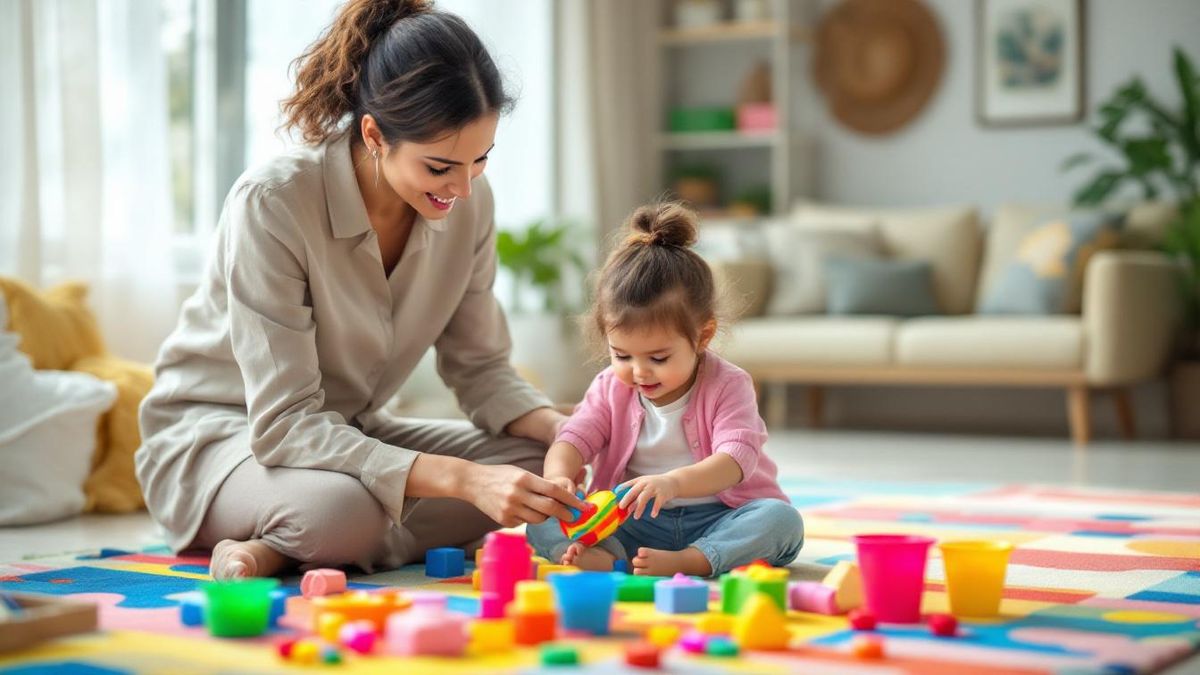 Cuidadora brasileira sentada no tapete colorido com criança pequena fazendo atividade sensorial com massinha em sala iluminada