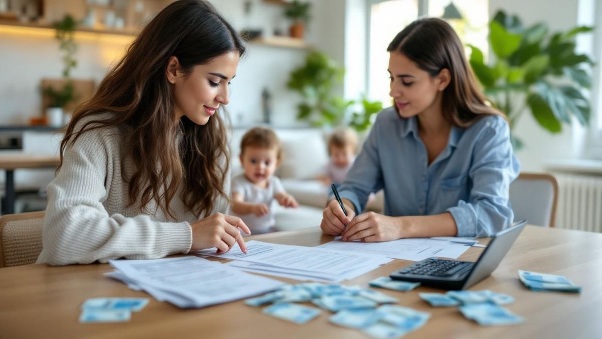Mãe brasileira sentada na mesa da cozinha comparando custos com calculadora enquanto babá brinca com criança ao fundo