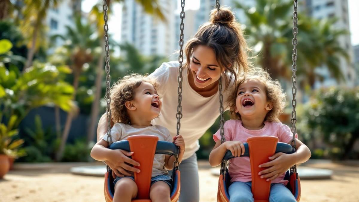 Babá brasileira brincando com duas crianças no parquinho de um condomínio durante uma manhã de sábado ensolarada