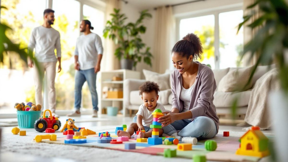 Babá brasileira brincando com criança pequena na sala de estar durante o fim de semana enquanto os pais se arrumam ao fundo