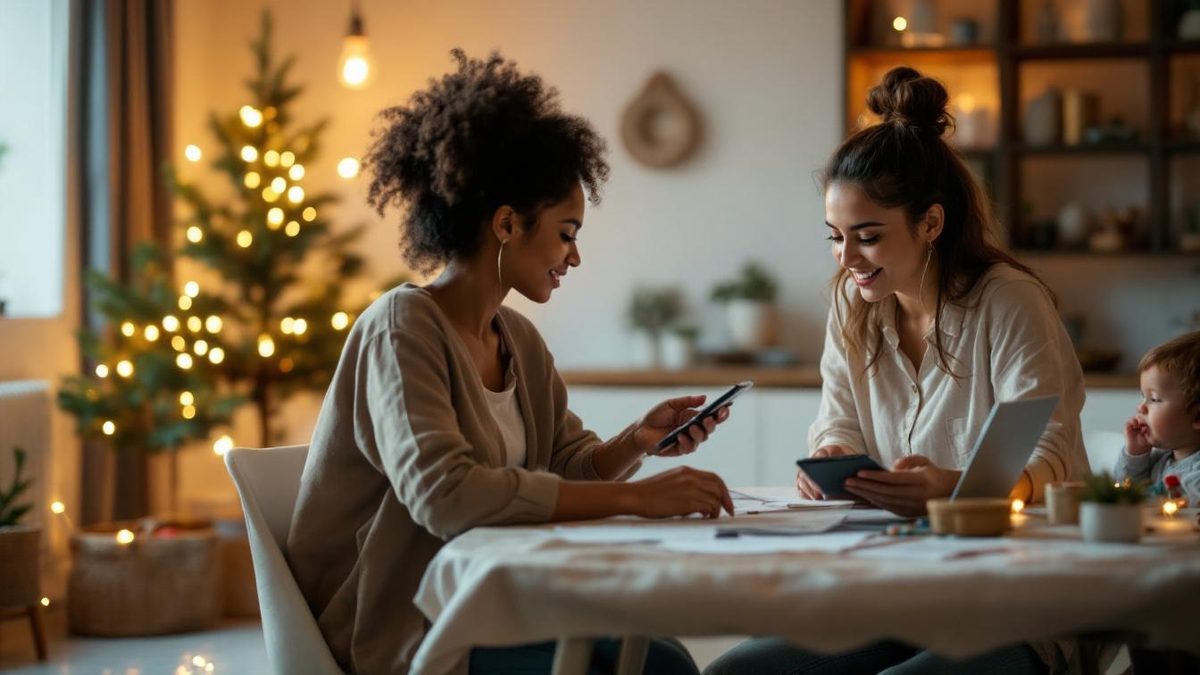 Mãe brasileira na sala de estar decorada com árvore de Natal revisando documentos e calculadora, com babá brincando com criança ao fundo