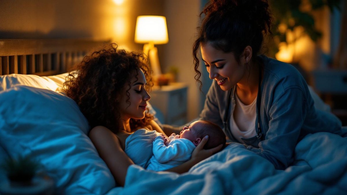 Babá brasileira segurando recém-nascido em quarto com luz noturna suave enquanto mãe dorme tranquilamente ao fundo
