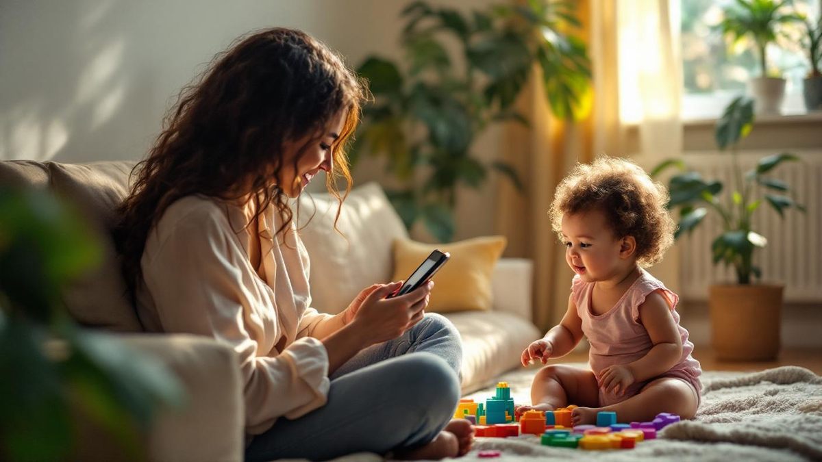 Mãe brasileira sentada no sofá pesquisando babá no celular enquanto criança brinca no chão da sala