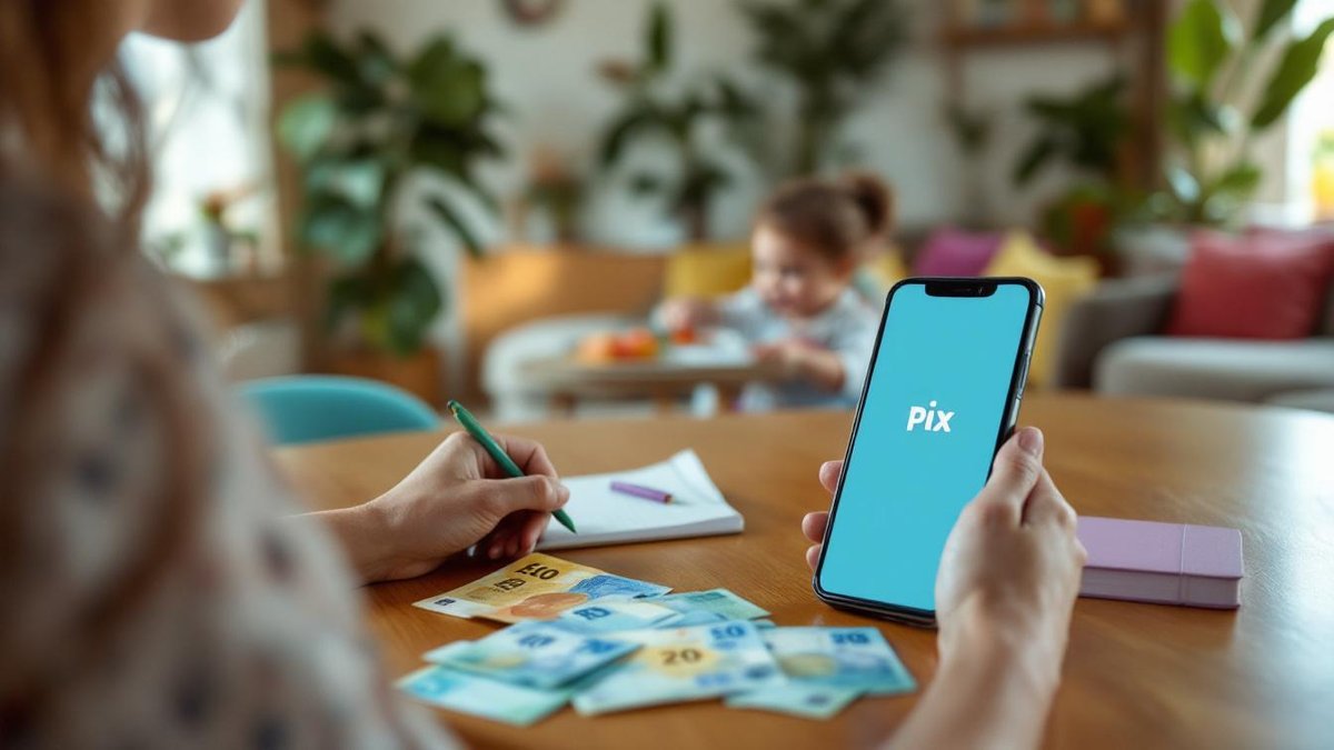 Mãe brasileira na cozinha com celular mostrando pagamento Pix e notas de real na mesa enquanto babá brinca com criança na sala ao fundo