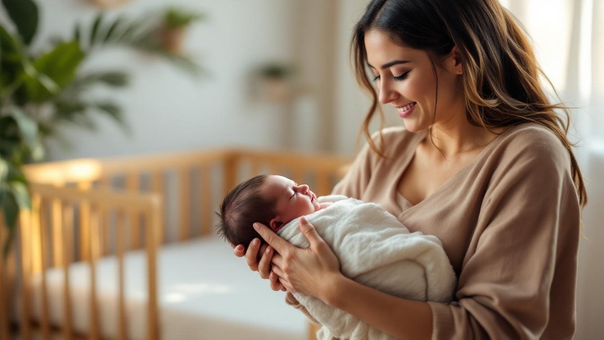 Babá brasileira segurando recém-nascido que dorme em quarto iluminado com berço de madeira ao fundo