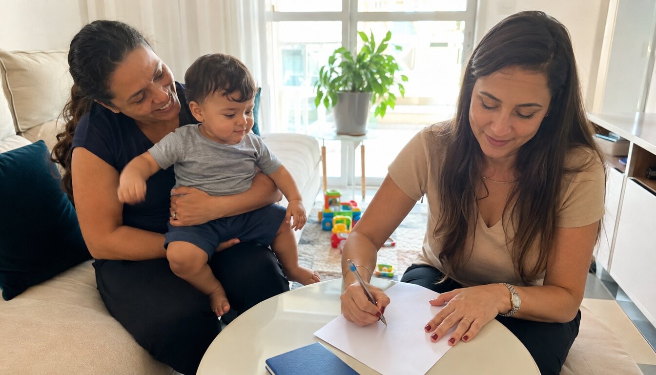 Babá sorrindo com um bebê no colo no sofá da sala enquanto a mãe, ao lado, assina um documento sobre a mesa de centro junto à carteira de trabalho azul