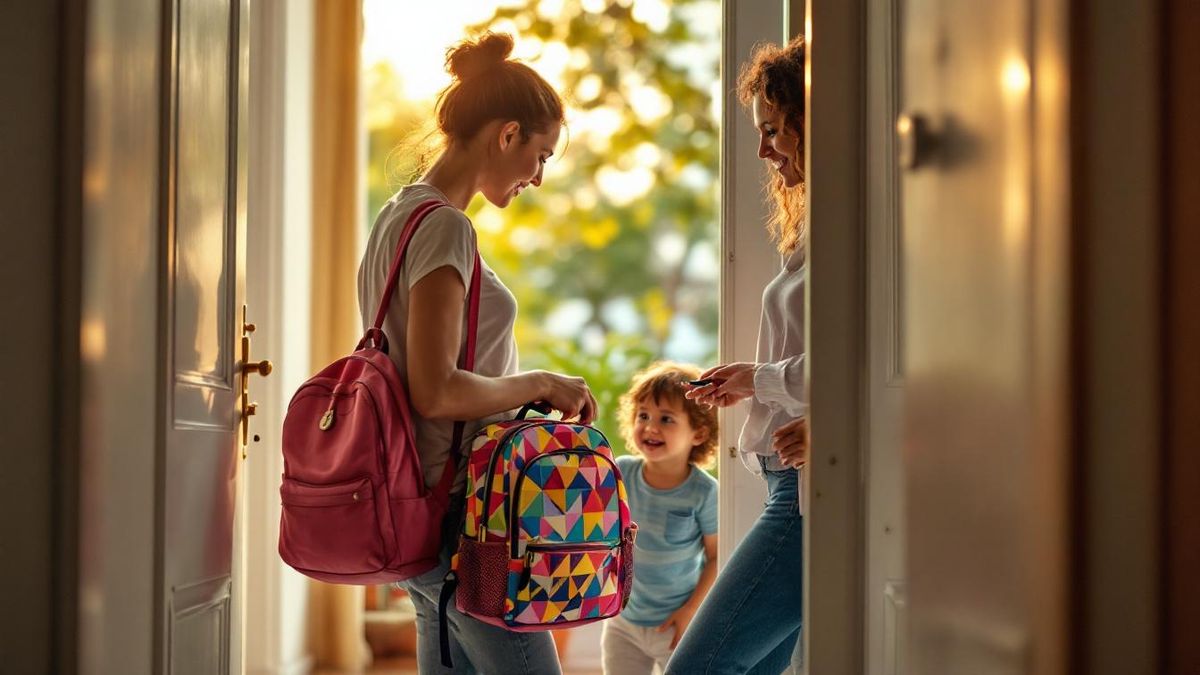 Mãe brasileira entregando mochila de criança para babá na porta de apartamento, com mala de viagem ao lado