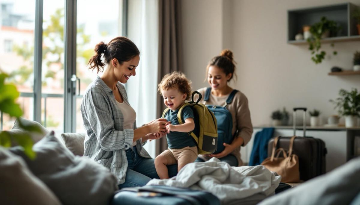 Mãe brasileira organizando malas na sala de apartamento moderno enquanto babá segura criança pequena perto da porta de saída