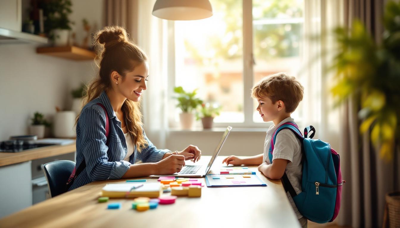 Mãe brasileira organizando calendário semanal na mesa da cozinha enquanto duas crianças com uniforme escolar se preparam para sair de manhã