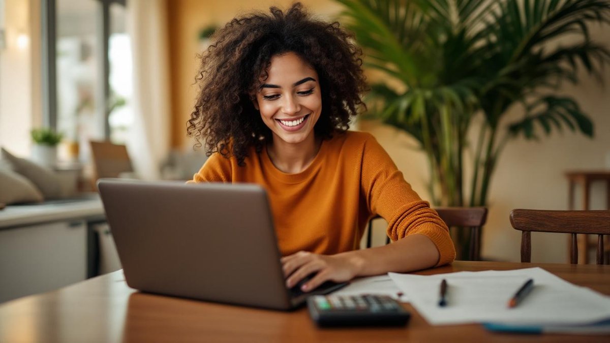 Mãe brasileira no laptop cadastrando babá no eSocial com documentos e calculadora na mesa da cozinha