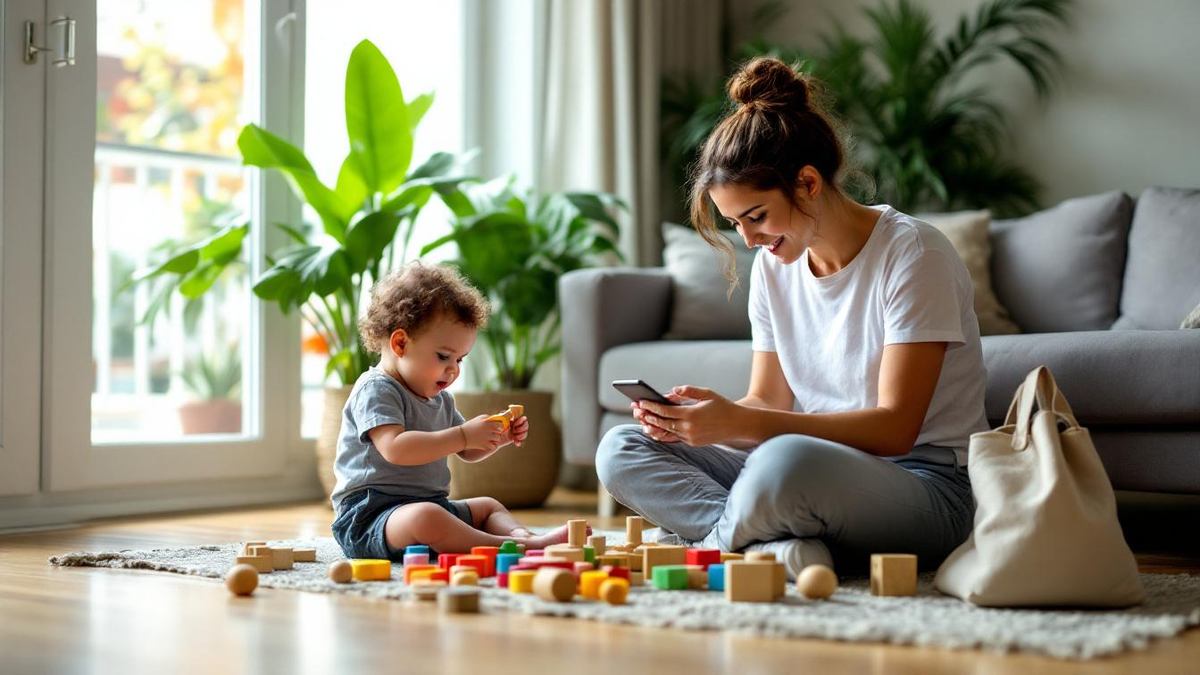 Babá brasileira sentada no chão de sala iluminada brincando com bebê de oito meses, celular guardado na bolsa próxima do sofá