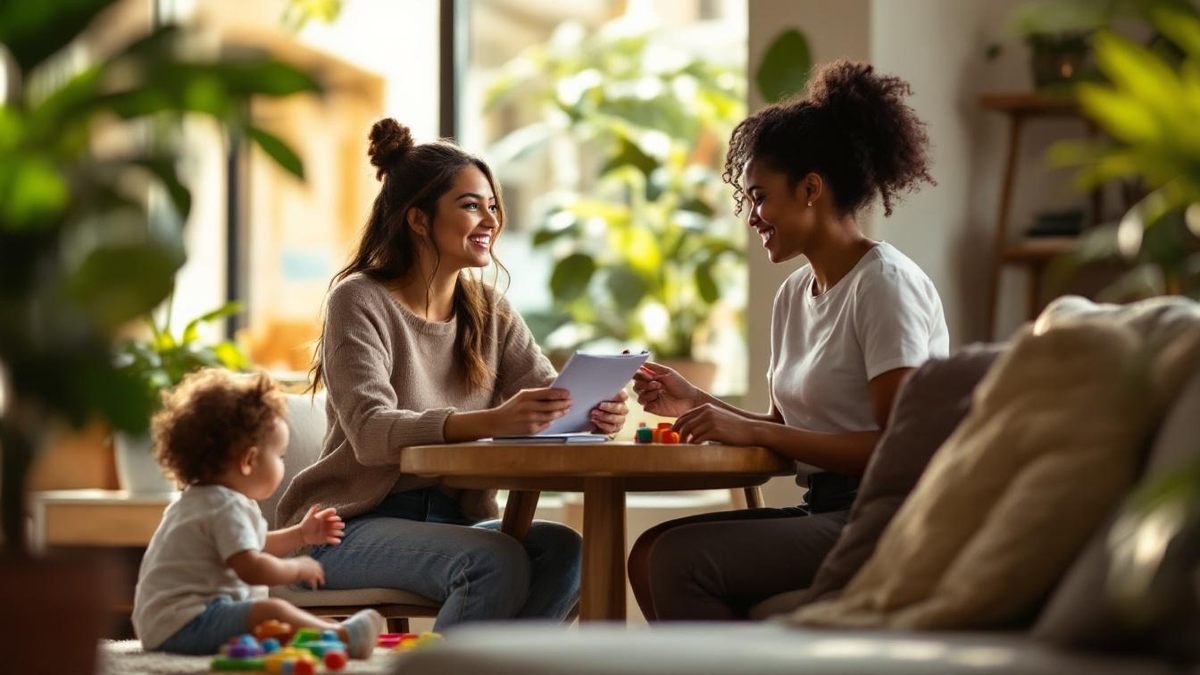 Mãe brasileira conversando com candidata a babá na sala de estar, com criança brincando ao fundo