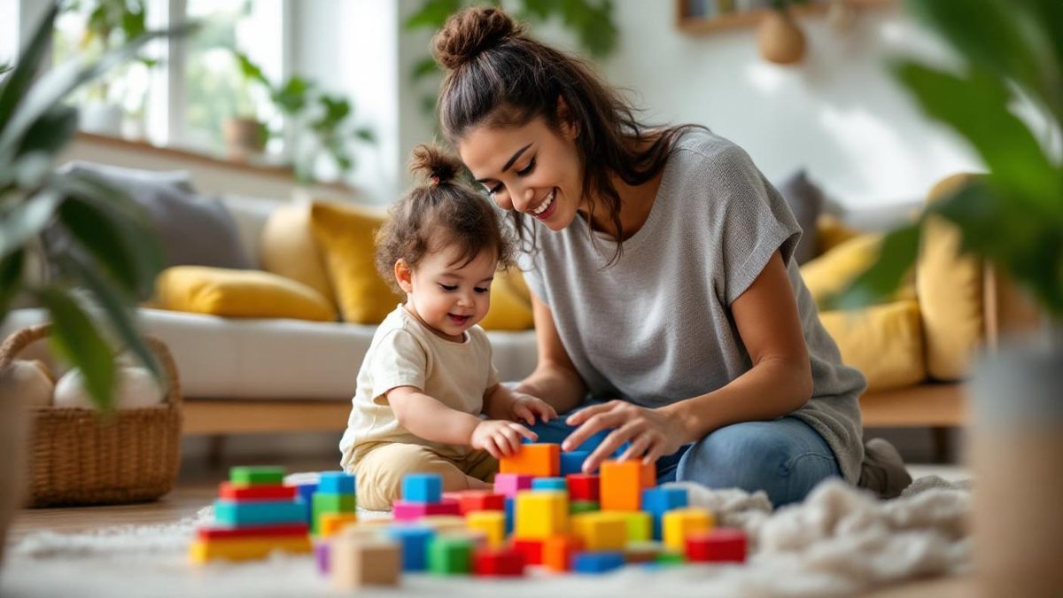 Cuidadora infantil brasileira sentada no chão com criança pequena fazendo atividade educativa com blocos coloridos em sala iluminada