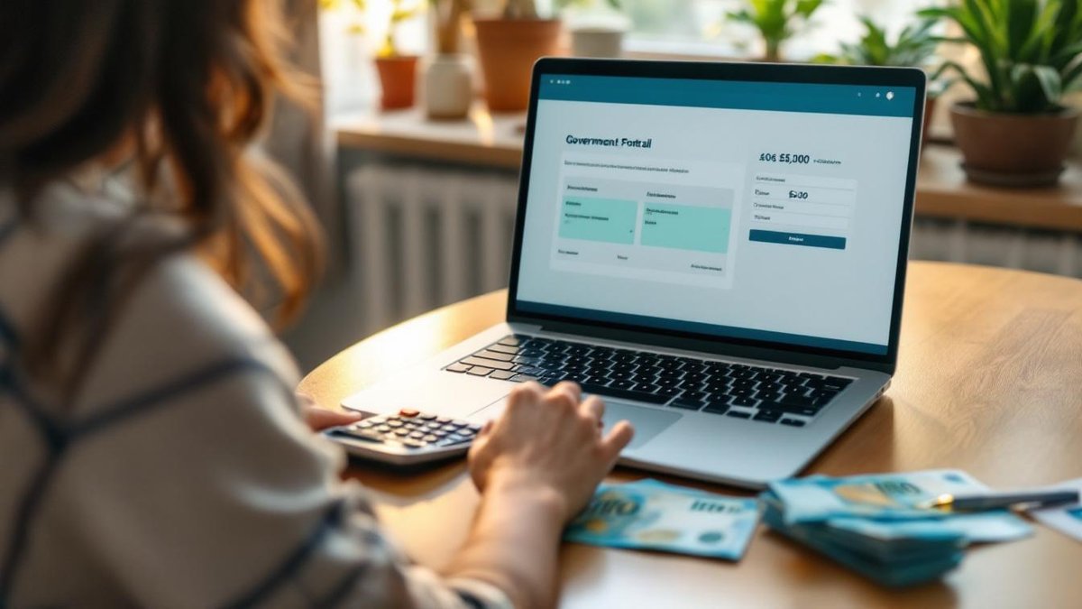 Mãe brasileira no laptop gerando guia DAE do eSocial na cozinha com calculadora e documentos ao lado
