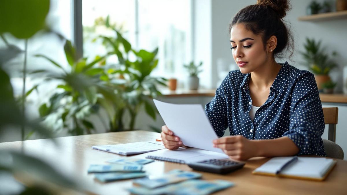 Mãe brasileira na mesa da cozinha revisando calendário e documentos de férias com notas de real e calculadora