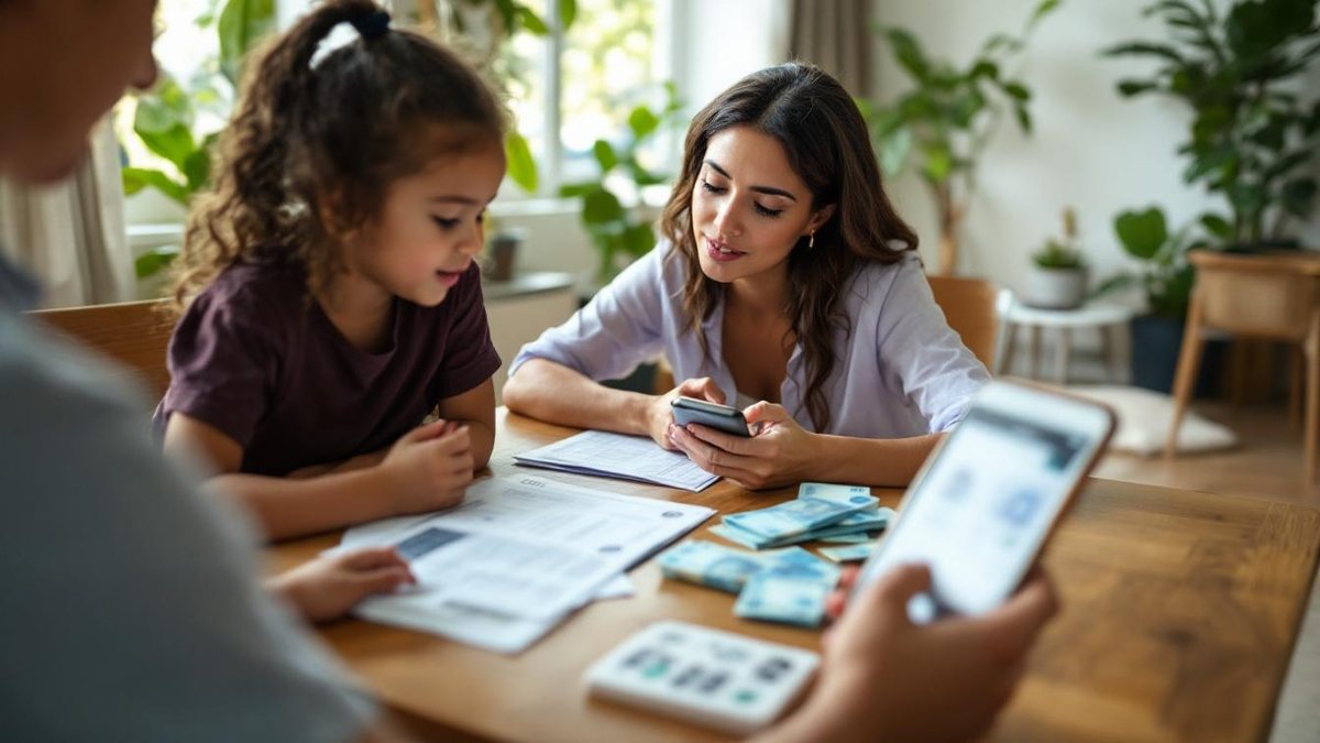 Mãe brasileira revisando documentos financeiros na mesa da cozinha enquanto babá brinca com criança ao fundo