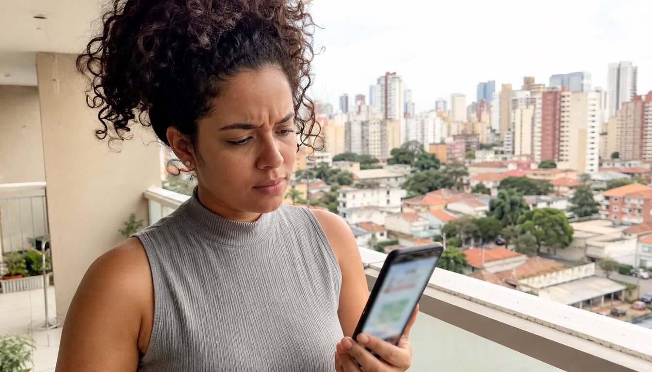 Jovem mulher de cabelos cacheados na varanda de um apartamento, com a cidade ao fundo, franzindo a testa ao ler uma conversa no celular