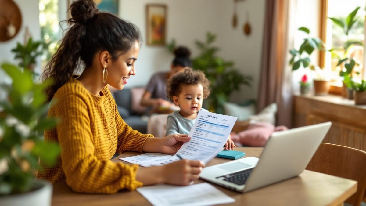 Mãe brasileira na mesa da cozinha com notebook e documentos financeiros enquanto babá brinca com criança ao fundo na sala