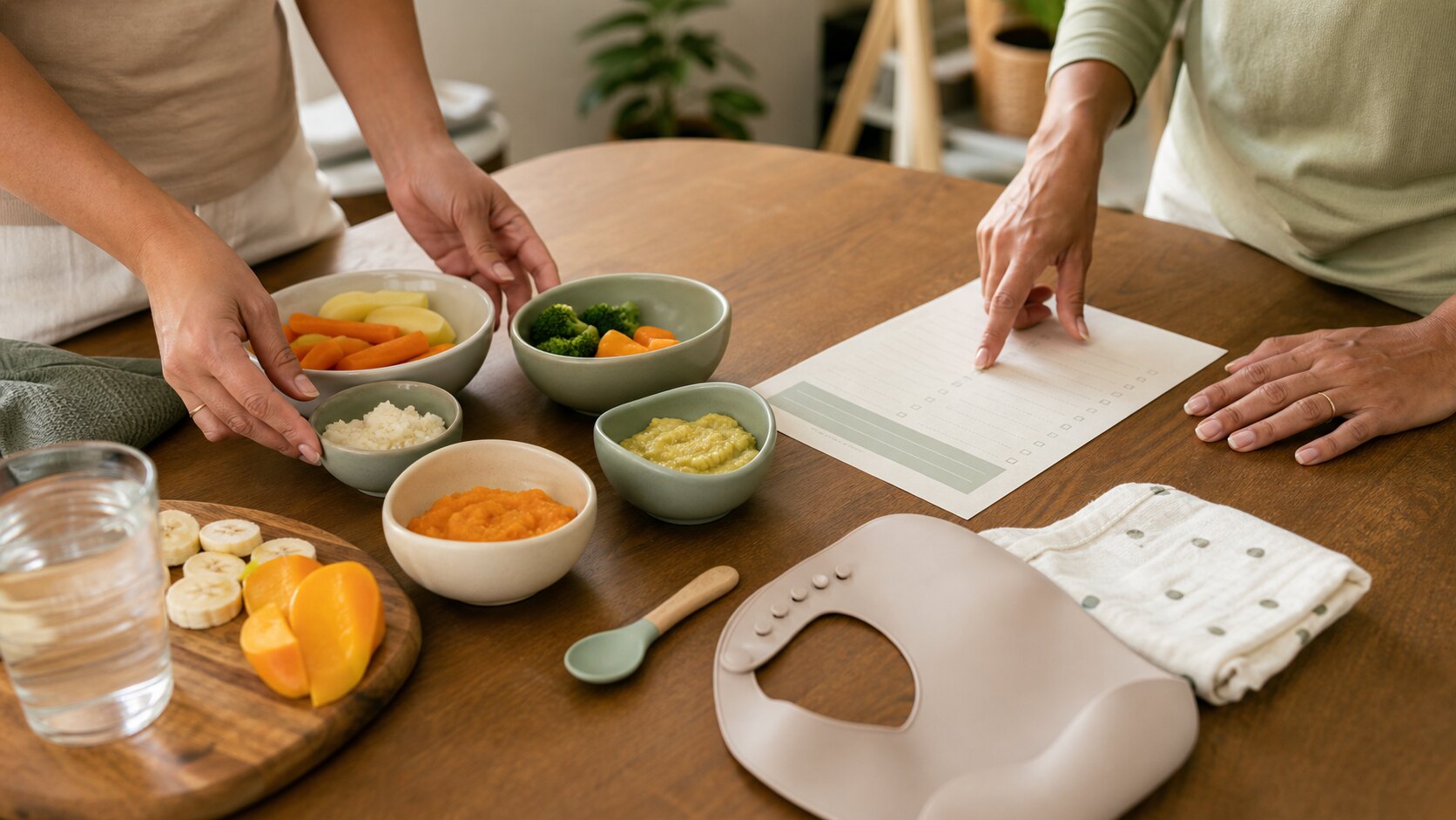 Mesa de cozinha com alimentos de introdução alimentar, colher infantil e checklist de rotina para alinhar família e cuidadora