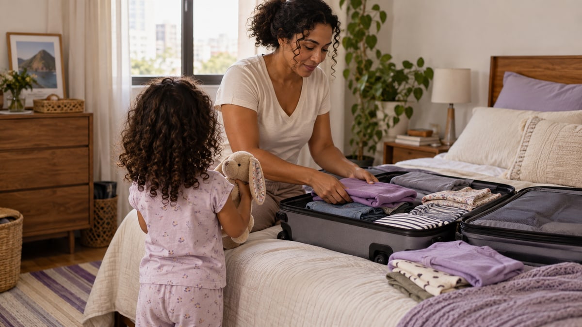 Mulher organiza uma mala em casa ao lado de uma criança vista de costas, que segura um brinquedo