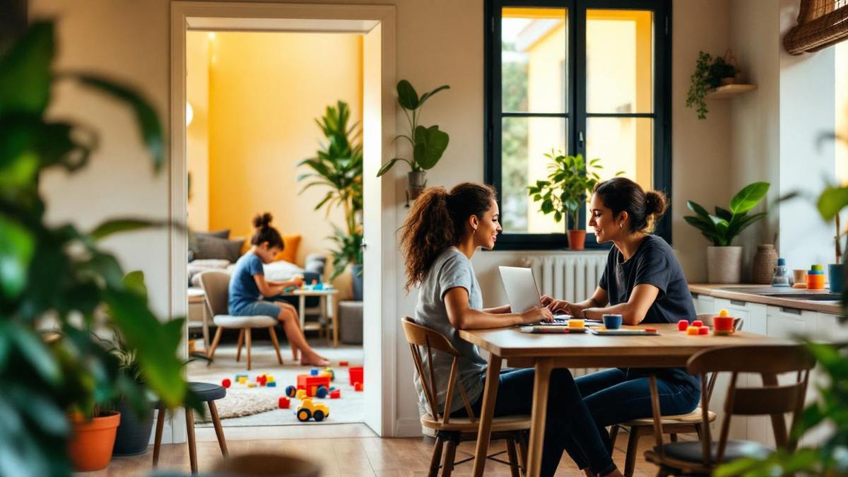 Mãe brasileira trabalhando no laptop na cozinha enquanto babá brinca com criança na sala ao fundo em apartamento em São Paulo