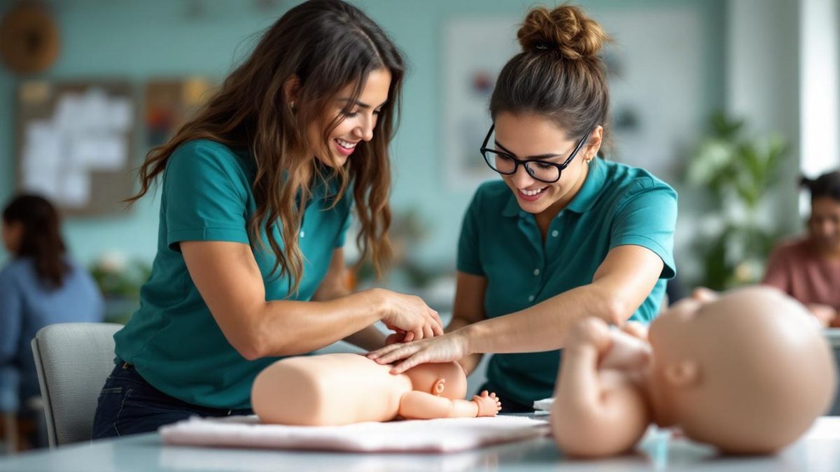 Babá brasileira praticando manobra de desengasgo em boneco infantil durante curso de primeiros socorros em sala de aula iluminada