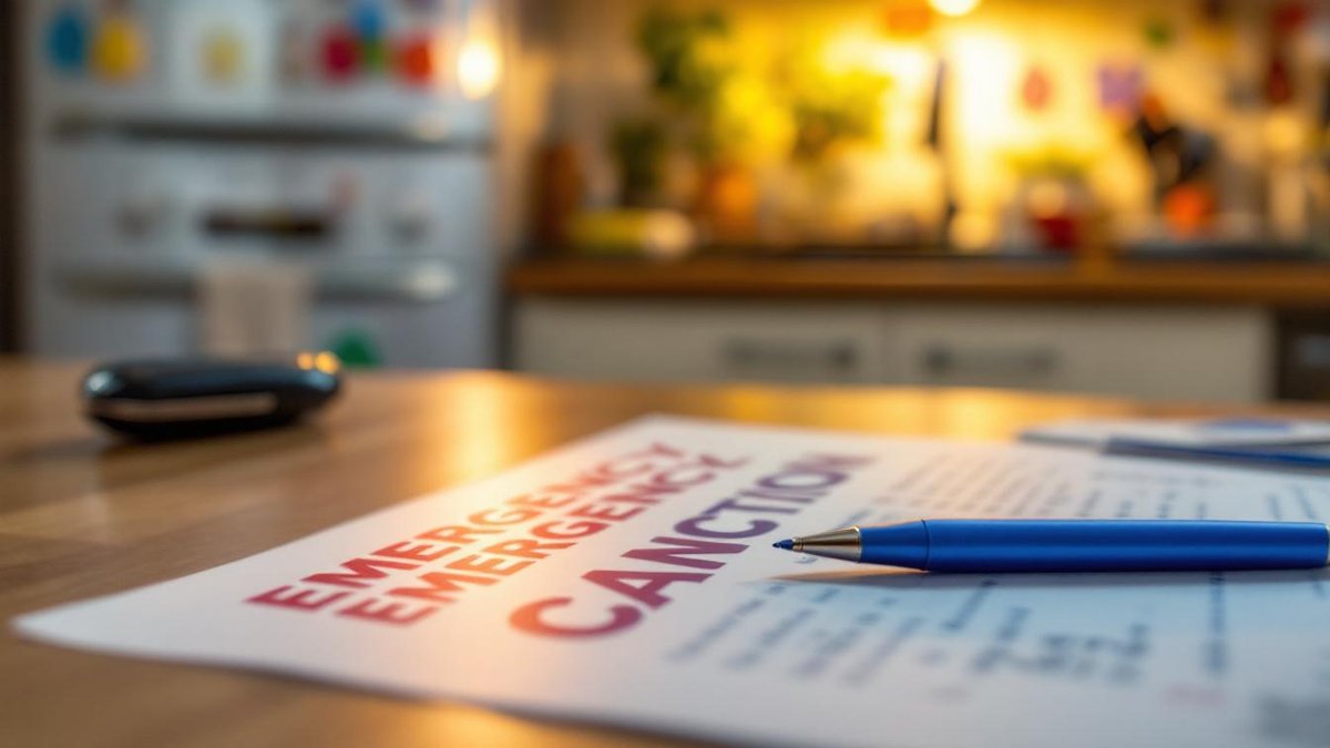 Documento plastificado com contatos de emergência e caneta sobre mesa de cozinha brasileira com geladeira ao fundo e ímãs coloridos