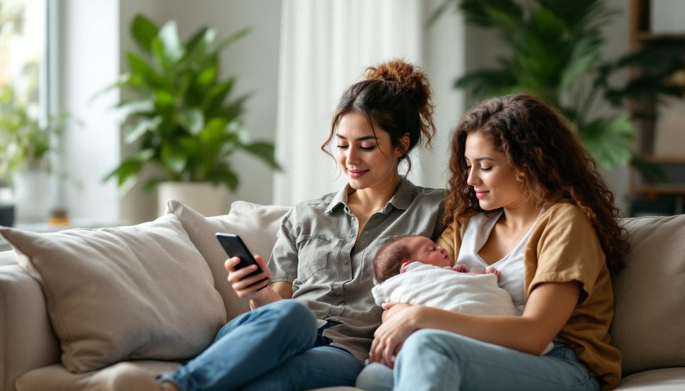 Mãe brasileira sentada no sofá com calculadora na mão enquanto babá segura recém-nascido ao fundo em quarto iluminado