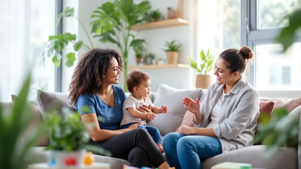 Mãe brasileira conversando com babá na sala de casa enquanto criança brinca no chão