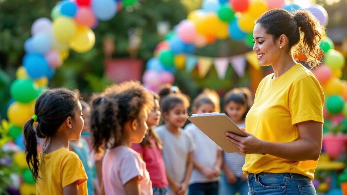 Recreadora brasileira organizando brincadeira com grupo de crianças em festa infantil ao ar livre com decoração colorida