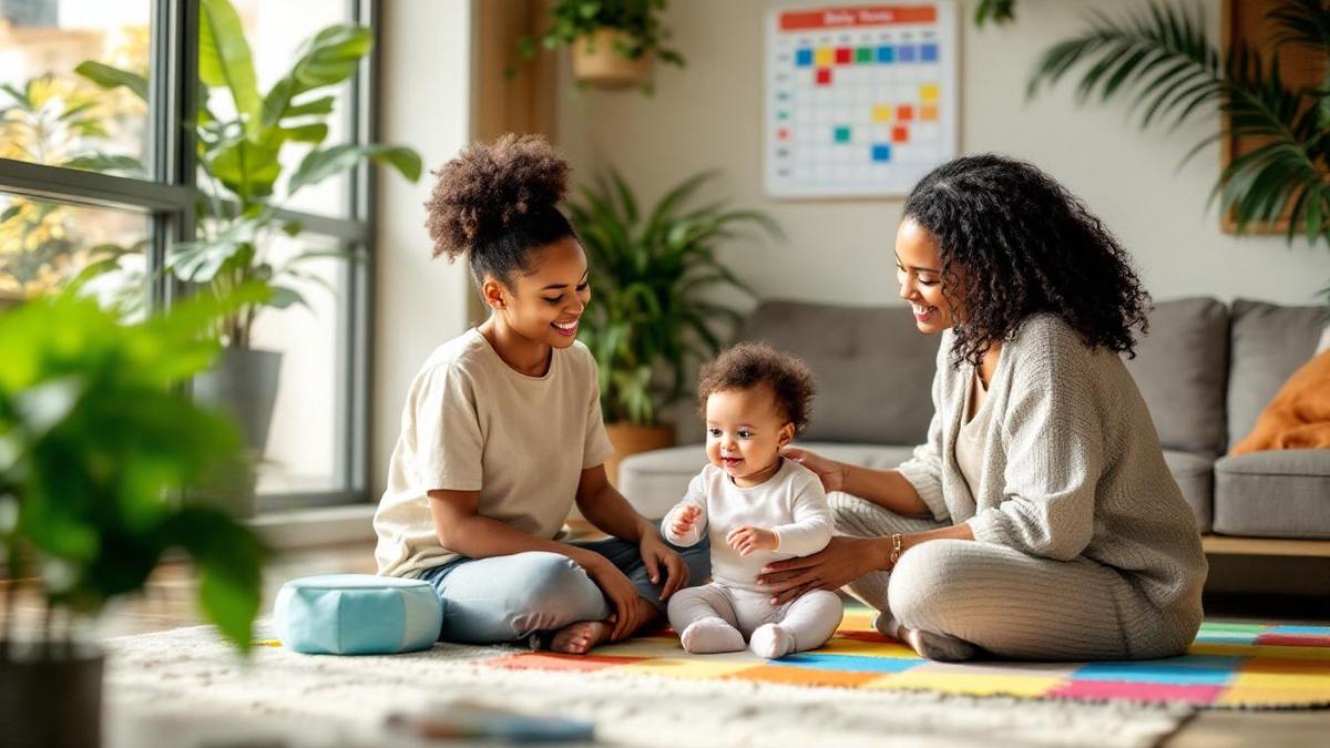 Babá brasileira sentada no tapete da sala com bebê de cerca de 8 meses brincando com blocos coloridos enquanto quadro de rotina aparece na parede ao fundo
