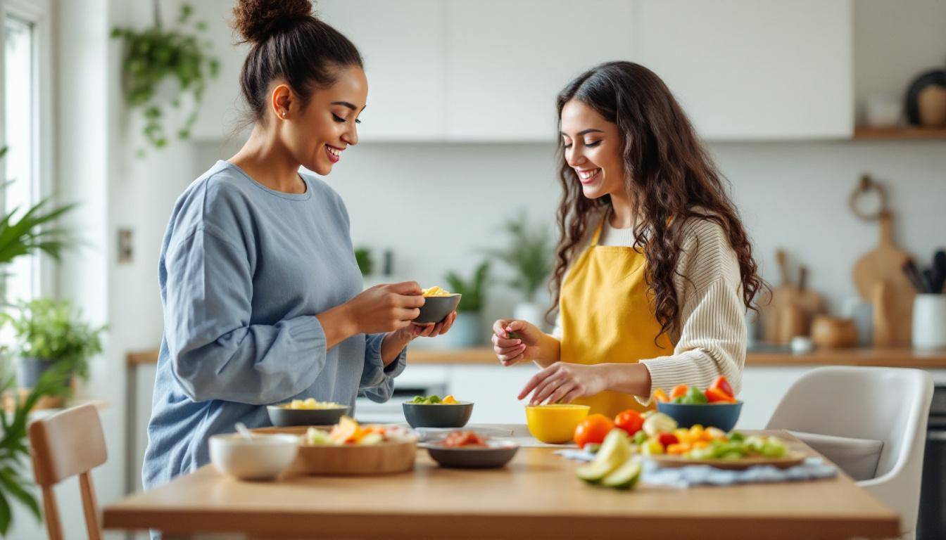 Babá brasileira e mãe preparando refeição infantil juntas na cozinha de apartamento em São Paulo com frutas cortadas e potinhos coloridos
