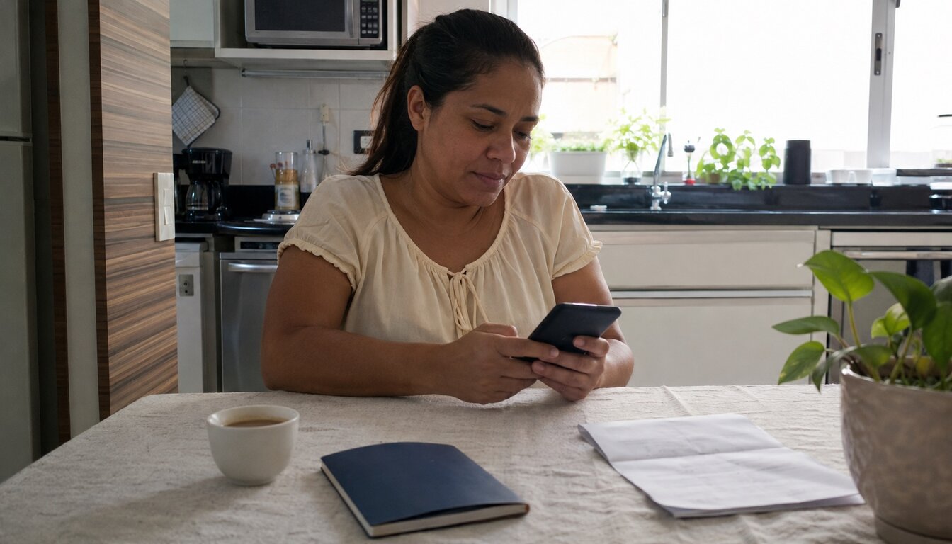 Babá brasileira sentada à mesa da cozinha de um apartamento, olhando o celular com atenção, com a carteira de trabalho azul, um documento dobrado e uma xícara de café sobre a mesa