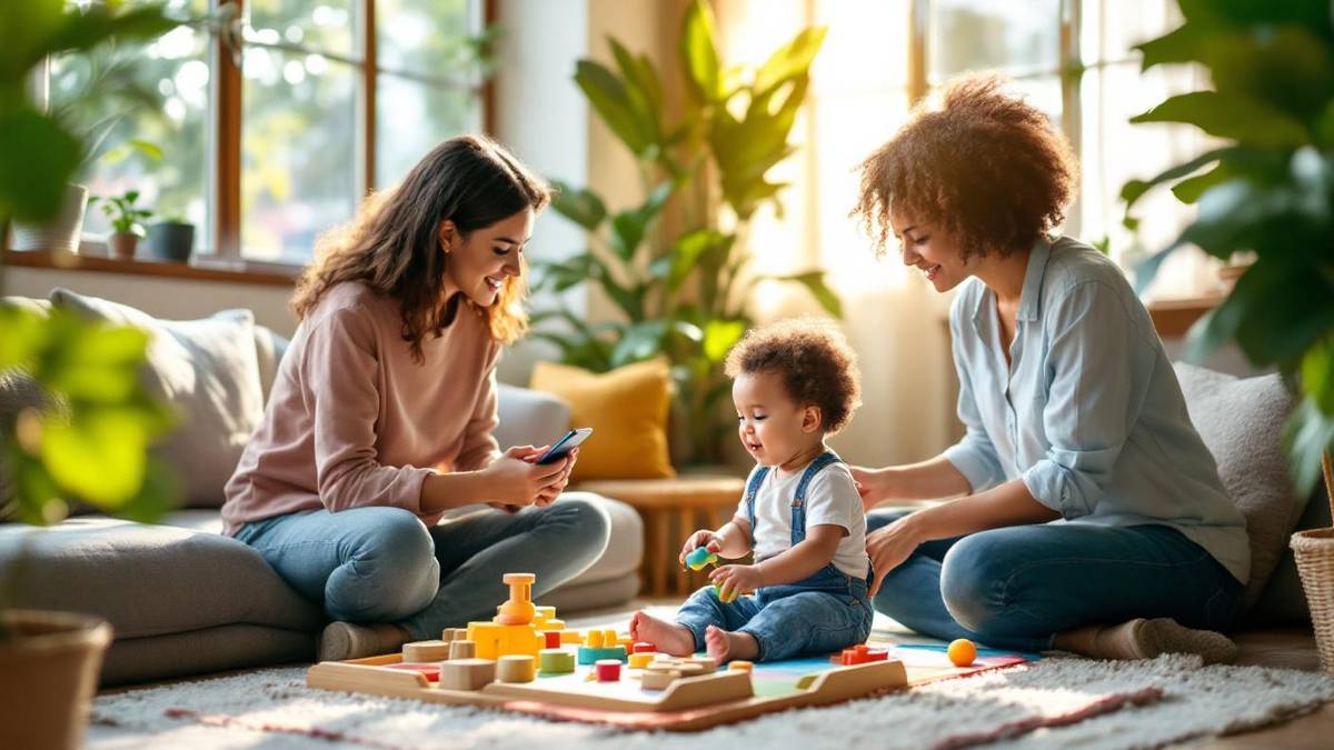 Mãe brasileira observando atentamente a babá brincando com criança pequena na sala de estar iluminada