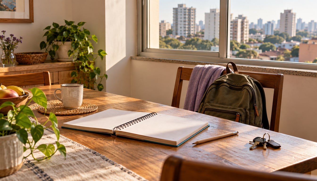 Caderno de estudos, mochila e chaves sobre uma mesa junto à janela de um apartamento