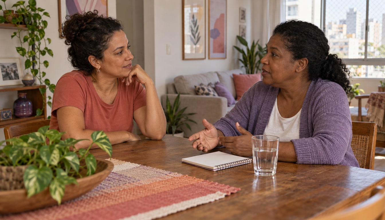 Duas mulheres adultas conversam à mesa de uma casa, com um caderno entre elas