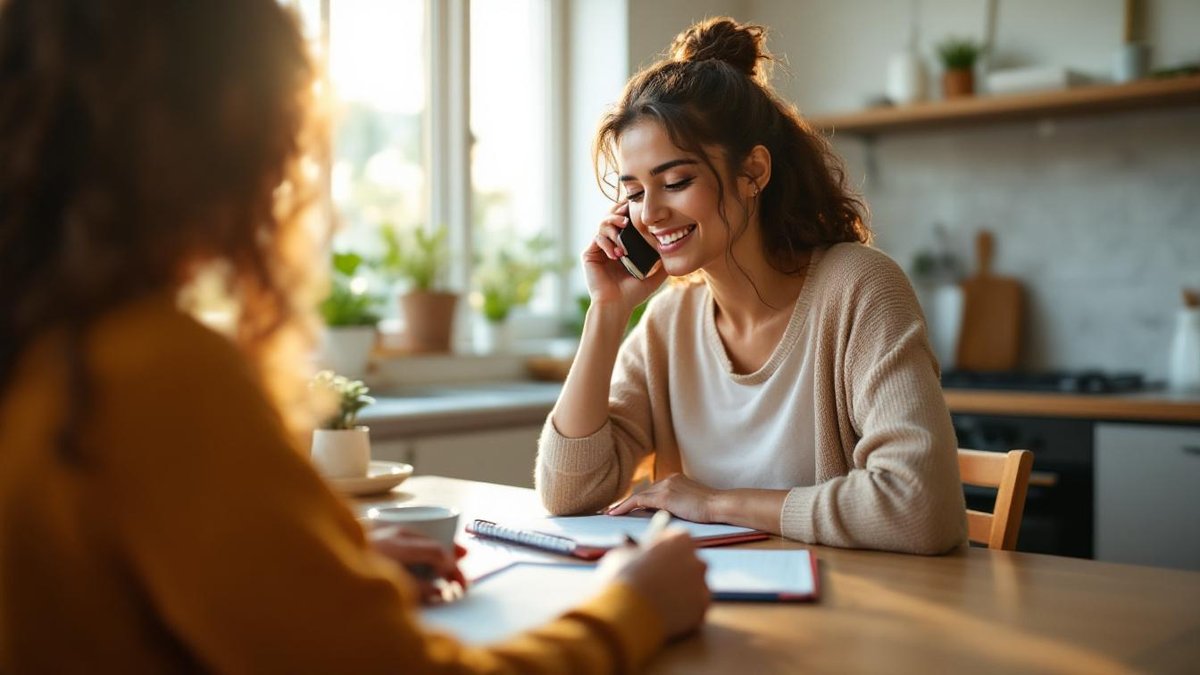 Mãe brasileira falando ao telefone e anotando informações em bloco de notas na mesa da cozinha, verificando referências de candidata a babá