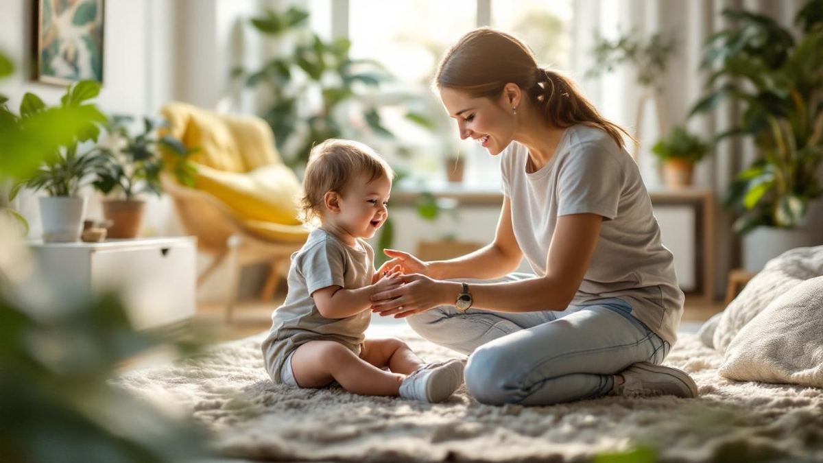 Babá brasileira de calça confortável e camiseta agachada brincando com bebê em sala de estar iluminada de apartamento
