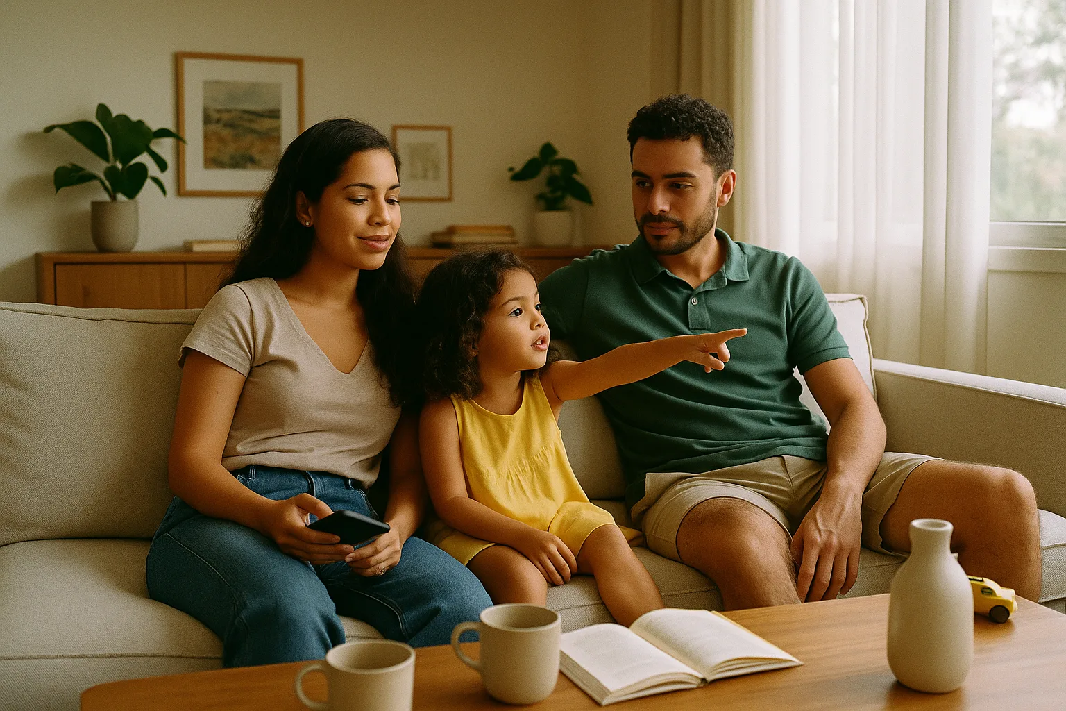 Pai e mãe sentados no sofá numa manhã de sábado, com a filha pequena entre os dois apontando algo à frente