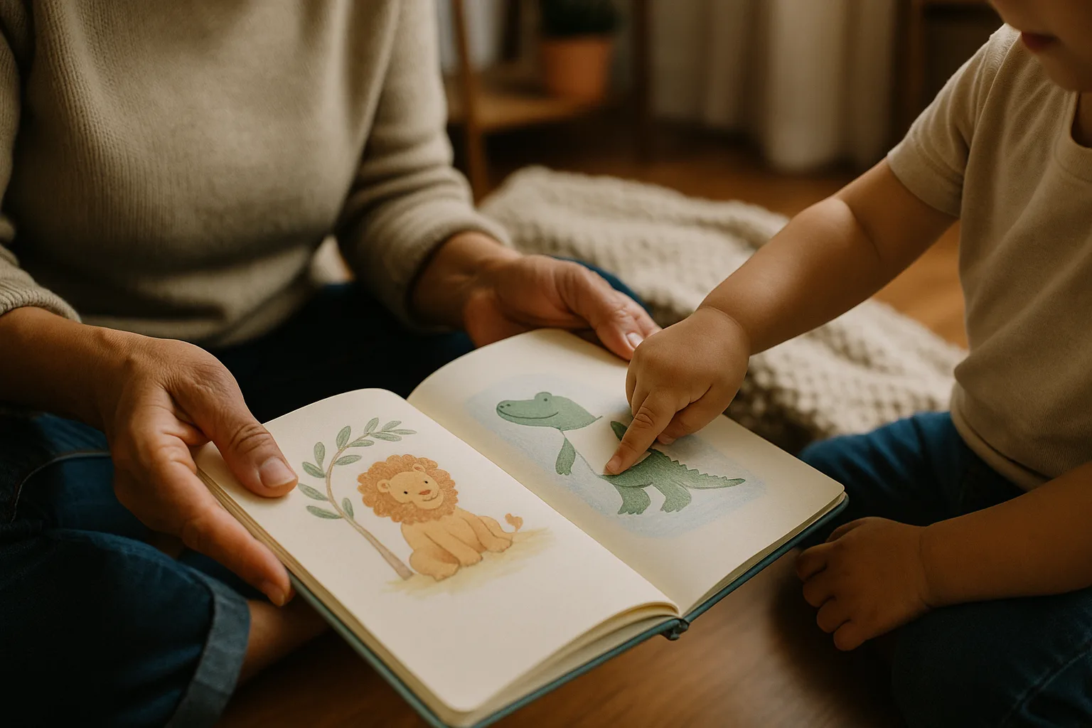 Mãos da cuidadora segurando um livro infantil aberto, enquanto a mão pequena da criança aponta a página
